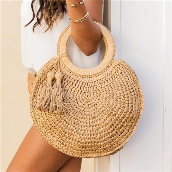 Women's Summer Casual Large Capacity Circle Round Rattan Tassel Carry All Straw - Picture 1 of 4